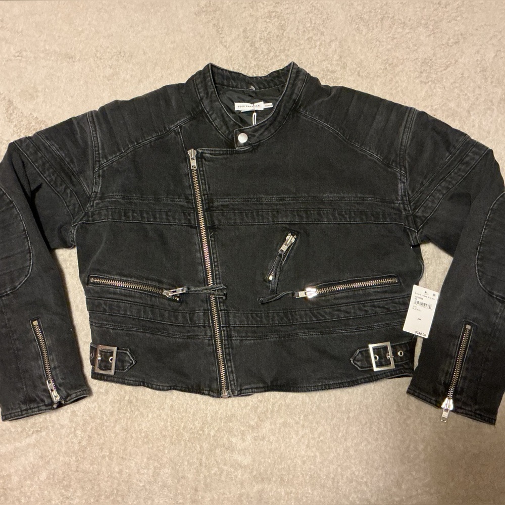 Good American Jean Charcoal Biker Jacket